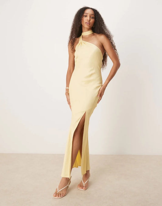 ASOS DESIGN satin tie neck detail maxi slip dress in buttermilk