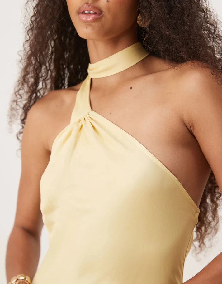ASOS DESIGN satin tie neck detail maxi slip dress in buttermilk