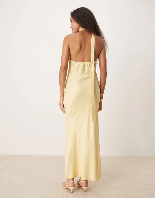 ASOS DESIGN satin tie neck detail maxi slip dress in buttermilk