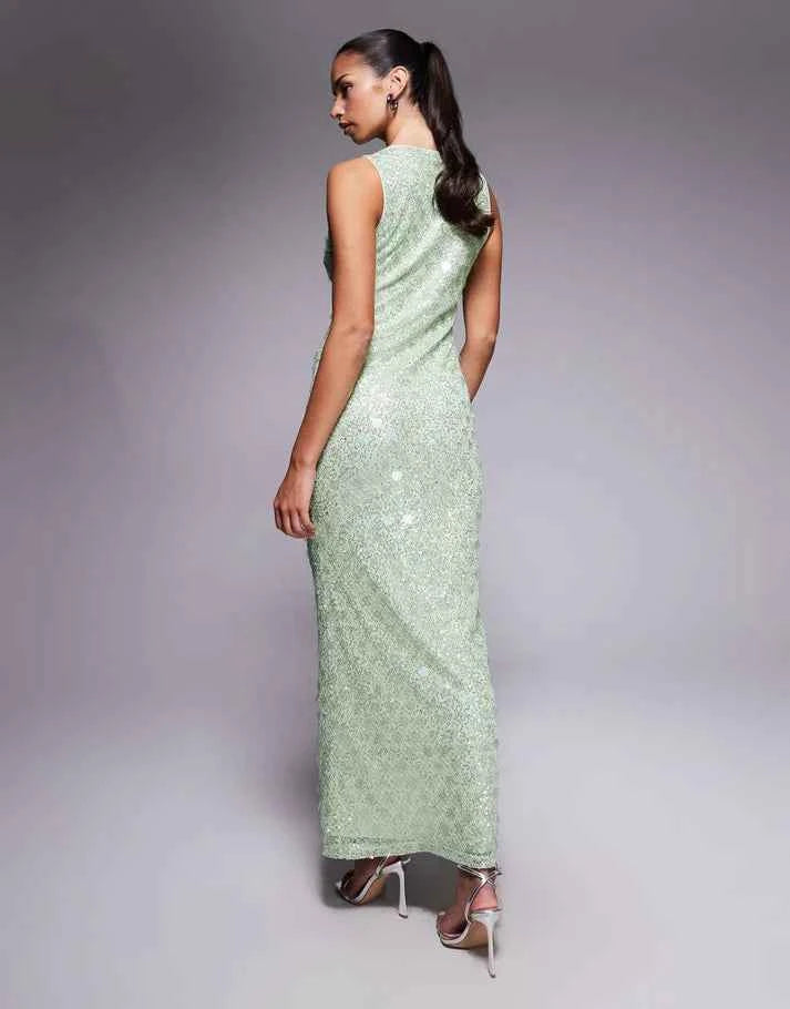 ASOS DESIGN statement embellished textured plunge maxi dress with mixed sequins in green