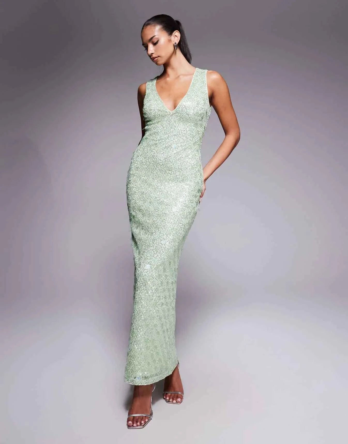 ASOS DESIGN statement embellished textured plunge maxi dress with mixed sequins in green