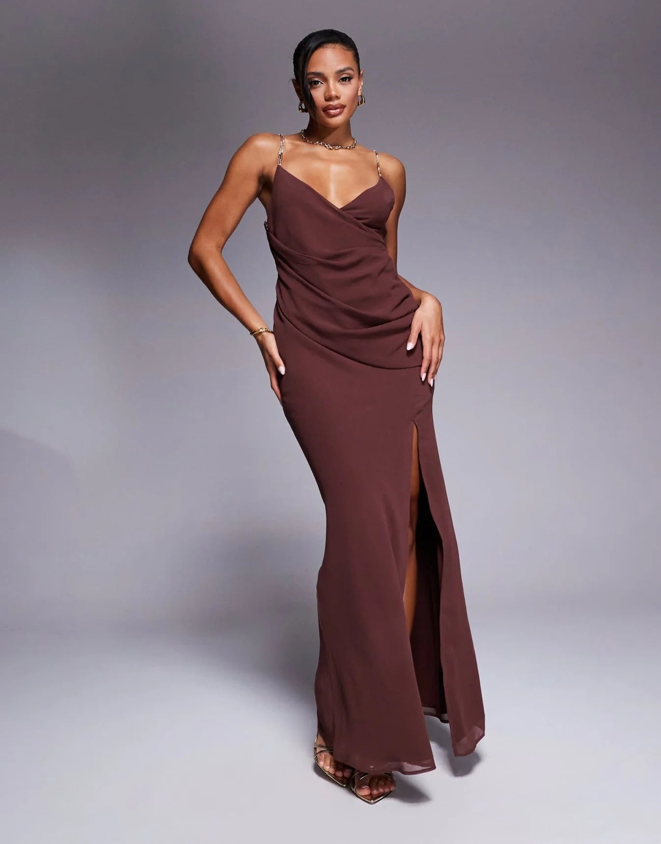 ASOS DESIGN wrap front maxi dress with embellished strap details in chocolate