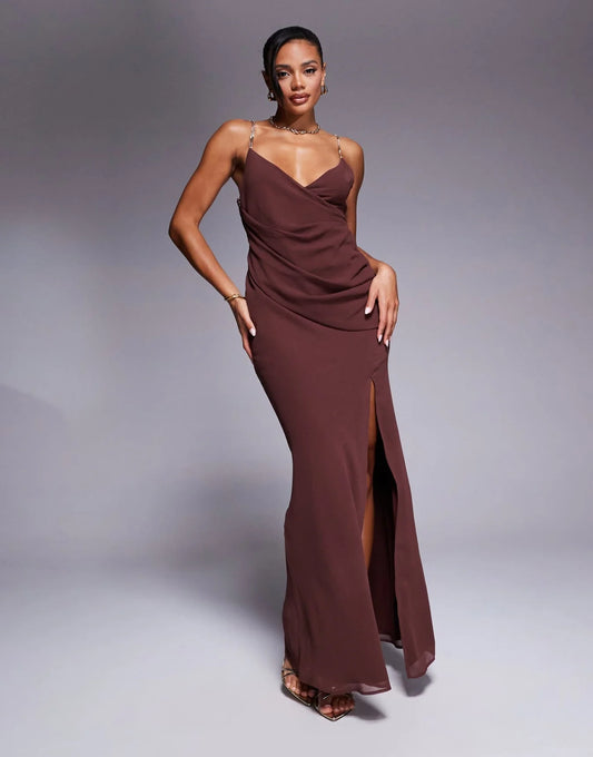 ASOS DESIGN wrap front maxi dress with embellished strap details in chocolate