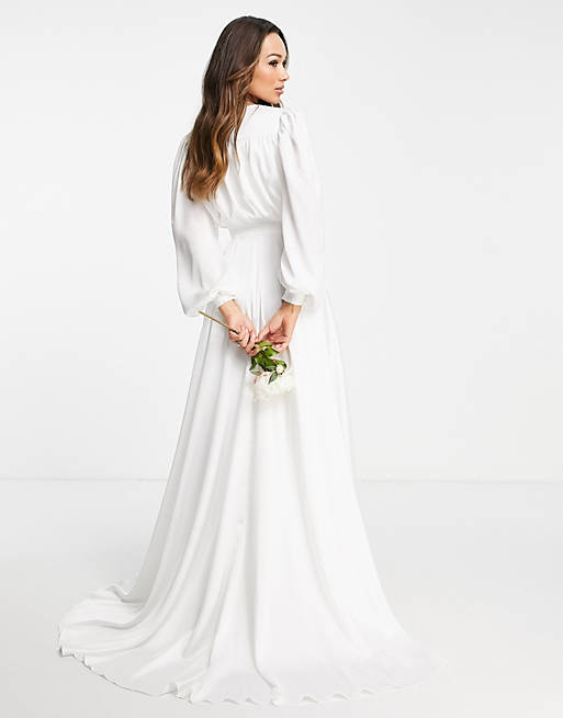 Alyssa Satin Wedding Dress With Bluson Sleeve And Button Front
