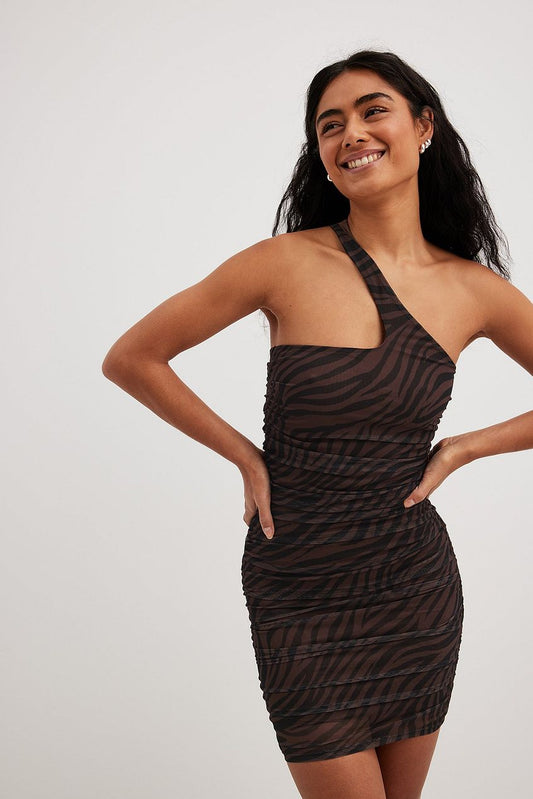 Asymmetric Mesh Rouched Mini Dress