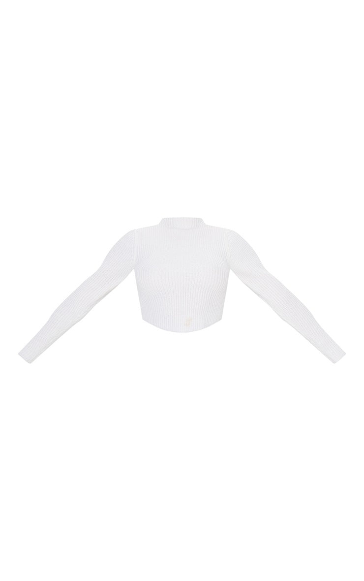 Petite White High Neck Curve Hem Long Sleeve Sweater