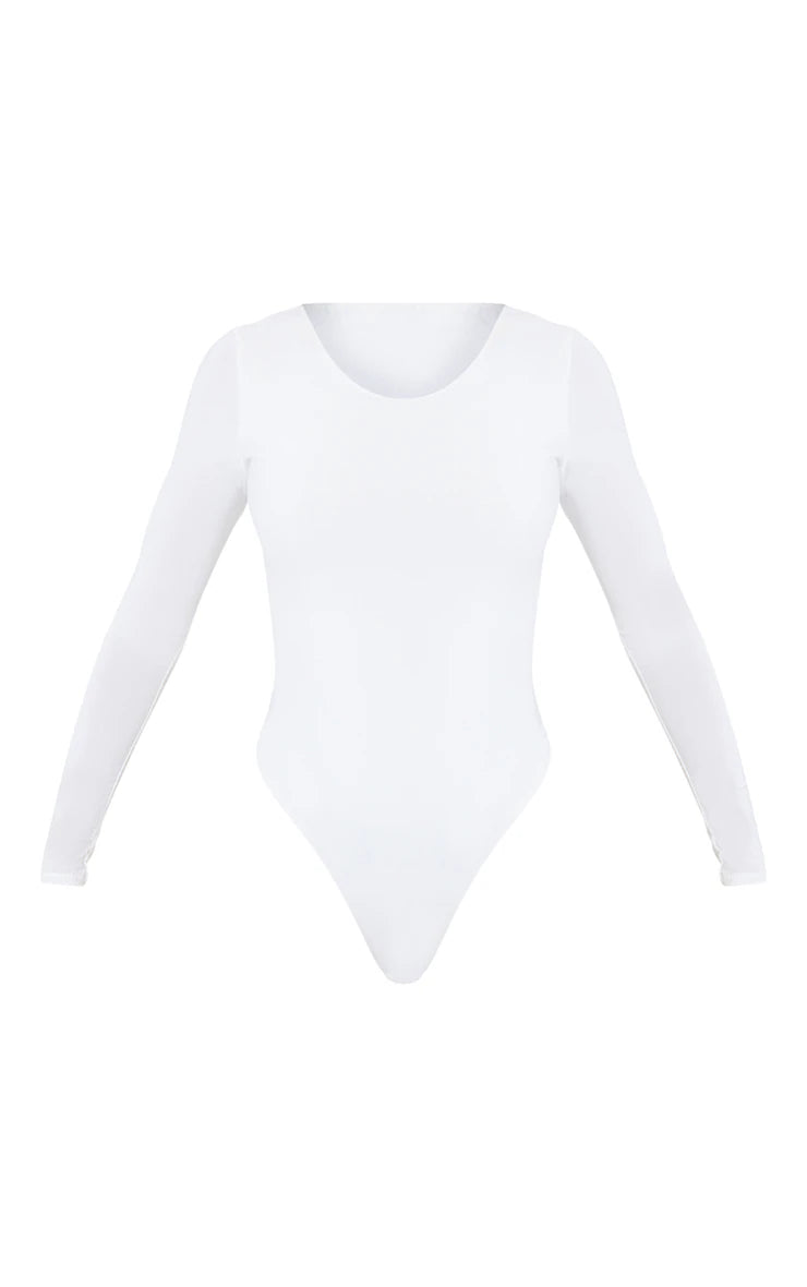 Cream Basic Slinky Long Sleeve Bodysuit