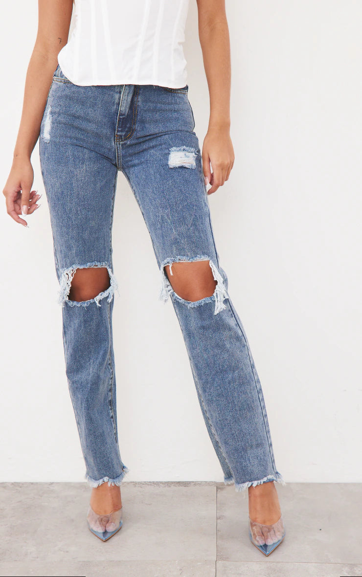 Vintage Wash High Rise Ripped Straight Leg Jeans
