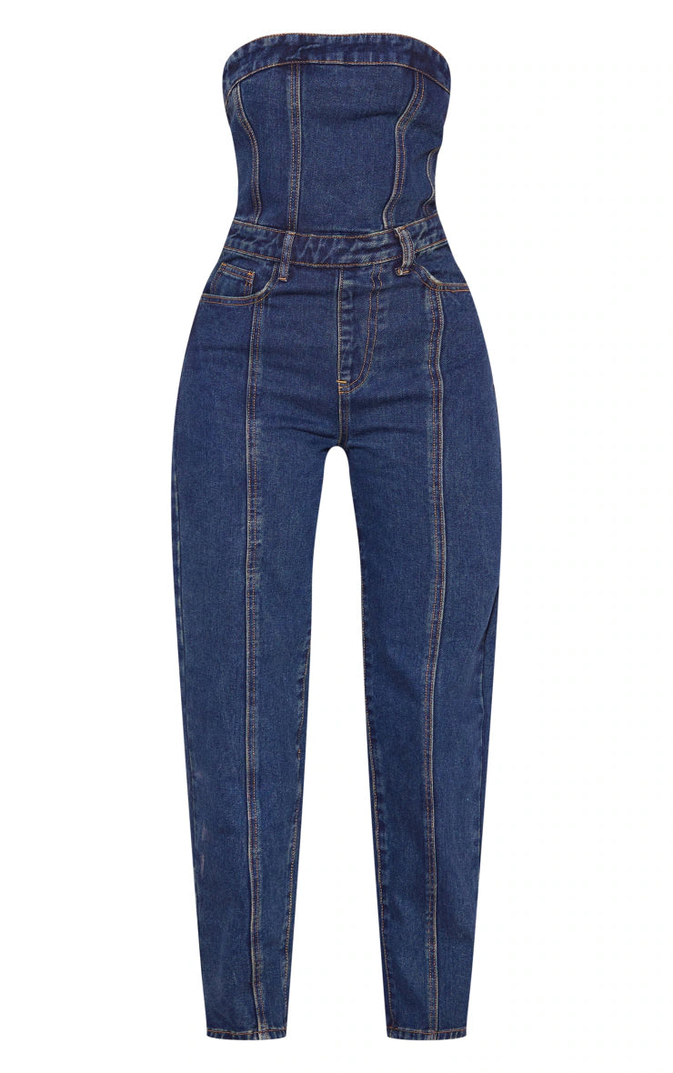 Petite Vintage Wash Bandeau Denim Wide Leg Jumpsuit