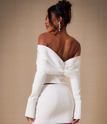 Premium White Woven Bow Bardot Flute Sleeve Long Top