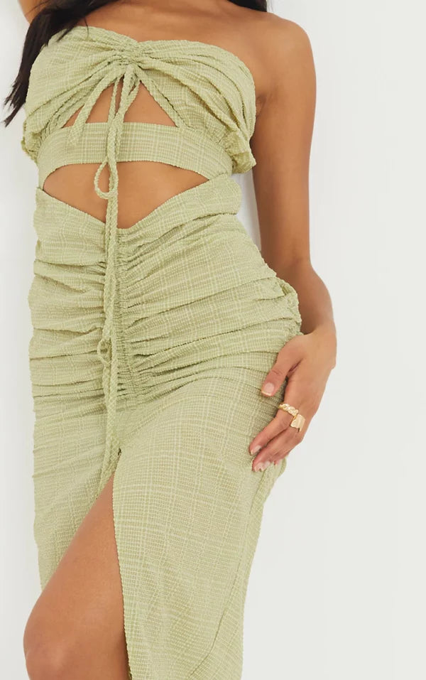 Green Textured Bandeau Cut Out Ruched Midi Dress