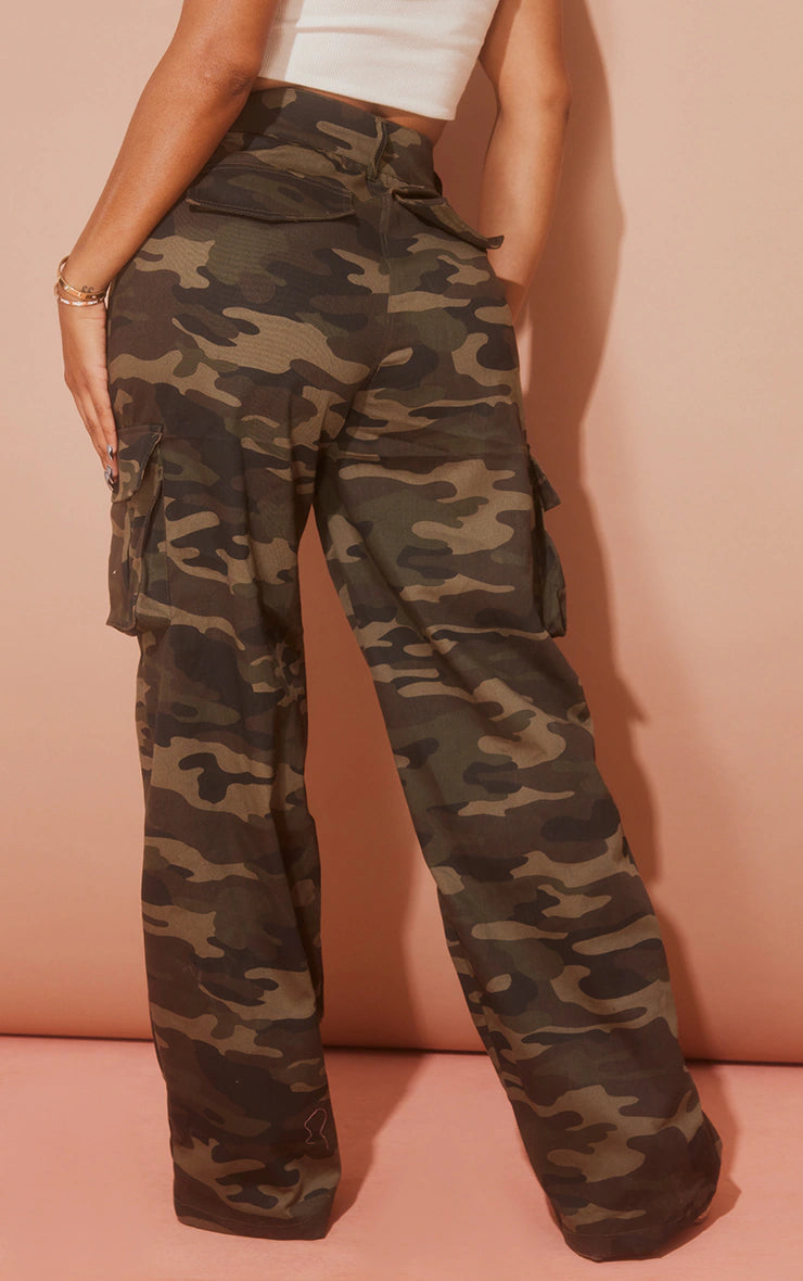 Shape Khaki Camo Print Pocket Detail Wide Leg Cargo Pants