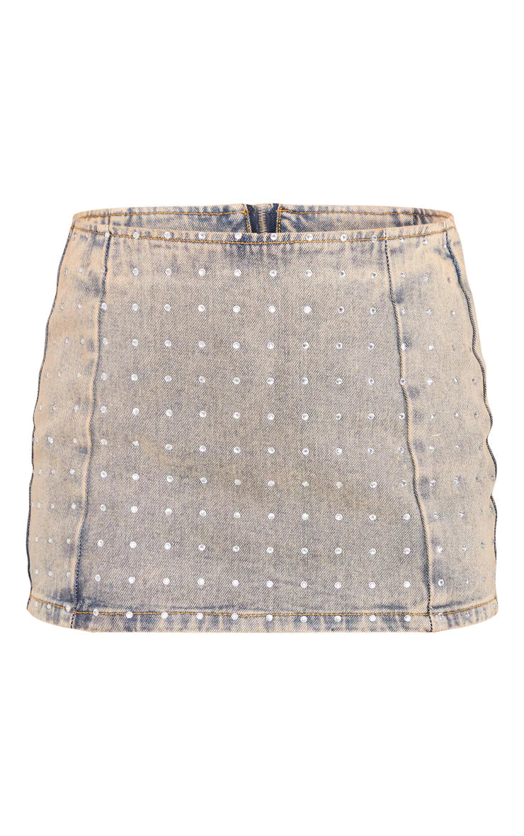 Vintage Wash Diamante Detail Denim Mini Skirt