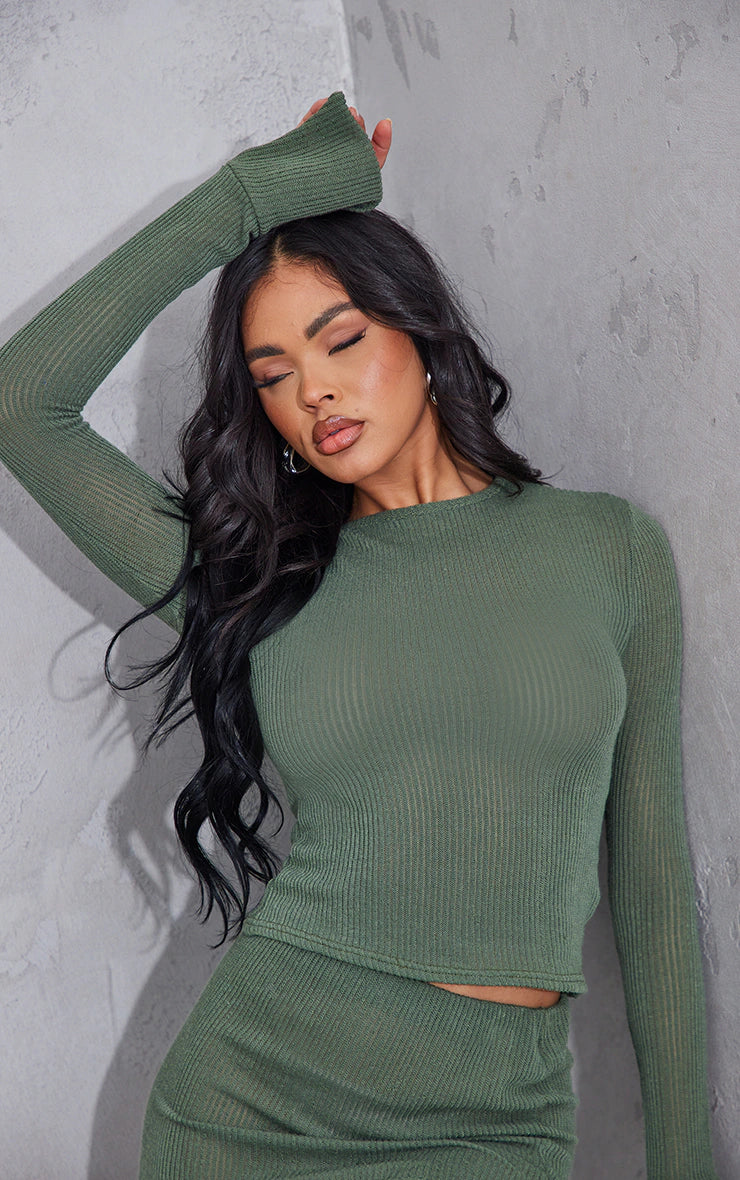 Khaki Sheer Soft Rib Longline Flared Sleeve Top