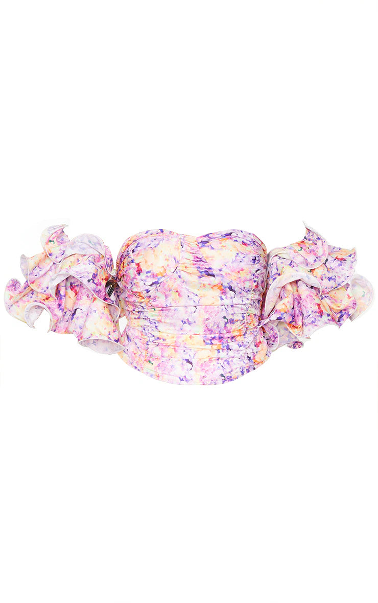 Plus Lilac Floral Print Puff Sleeve Bardot Crop Top