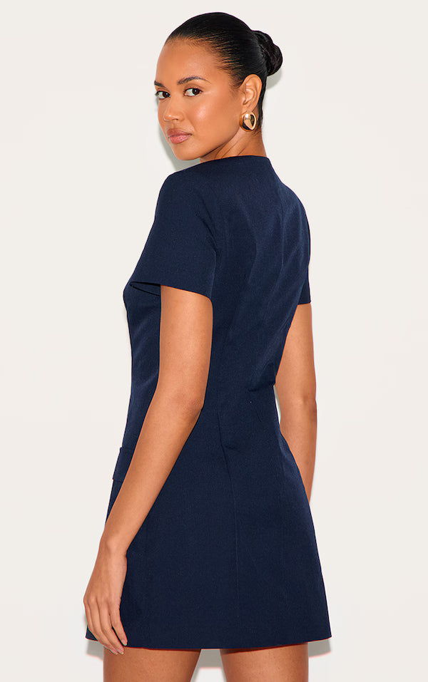 Navy Woven Tailored Short Sleeve Mini Dress