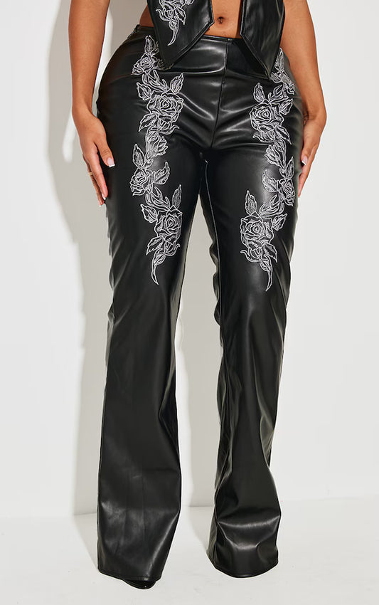 Shape Black Faux Leather Embroidered Flare Trousers