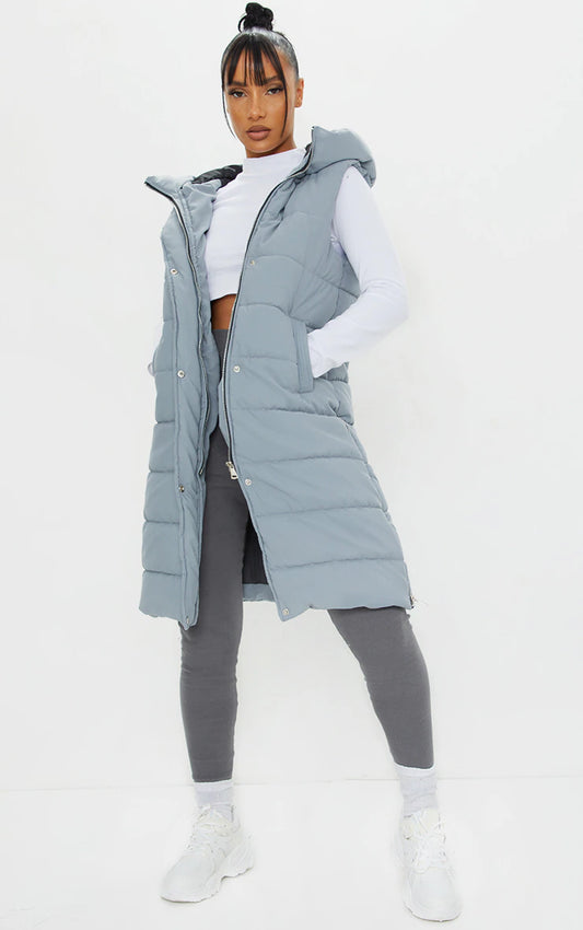 GREY PANEL PADDED LONGLINE VEST