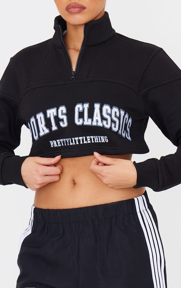 Black Embroided Crop Half Zip Sweatshirt