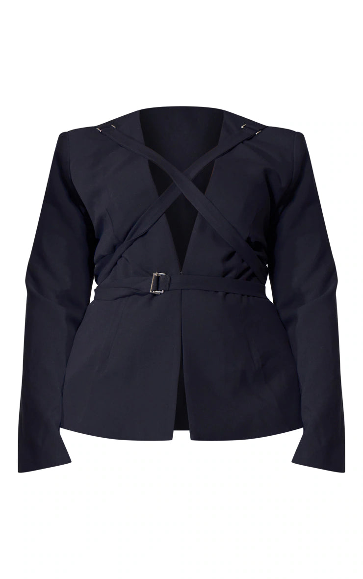 LABEL PLUS BLACK STRAP DETAIL CROSS OVER FITTED BLAZER