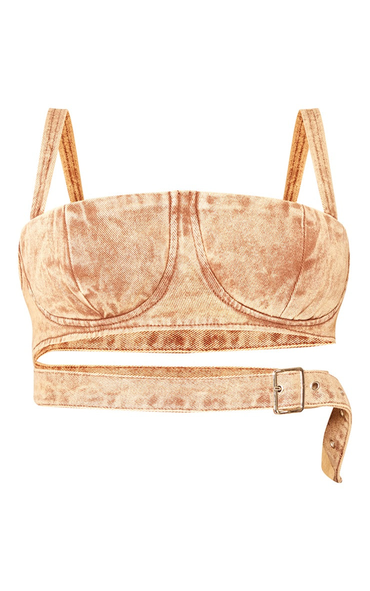 Shape Brown Washed Denim Tie Detail Bralet
