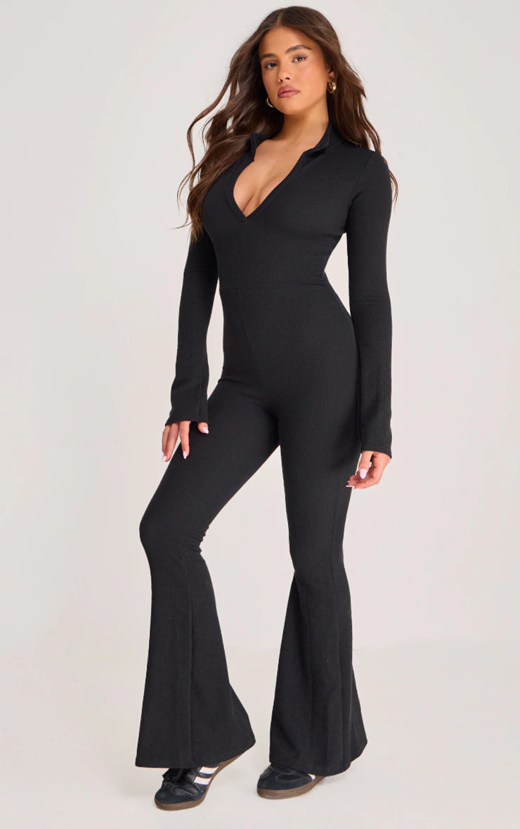 Black Rib Collar Detail Flare Leg Jumpsuit