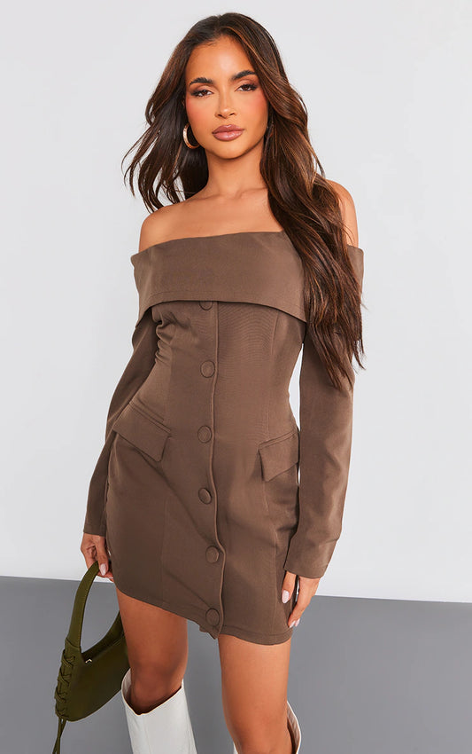 Chocolate Off Shoulder Button Front Shift Blazer Dress