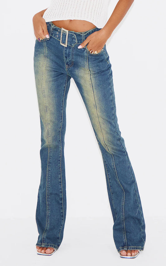 Indigo Vintage Wash Belted Seam Front Flare Jeans