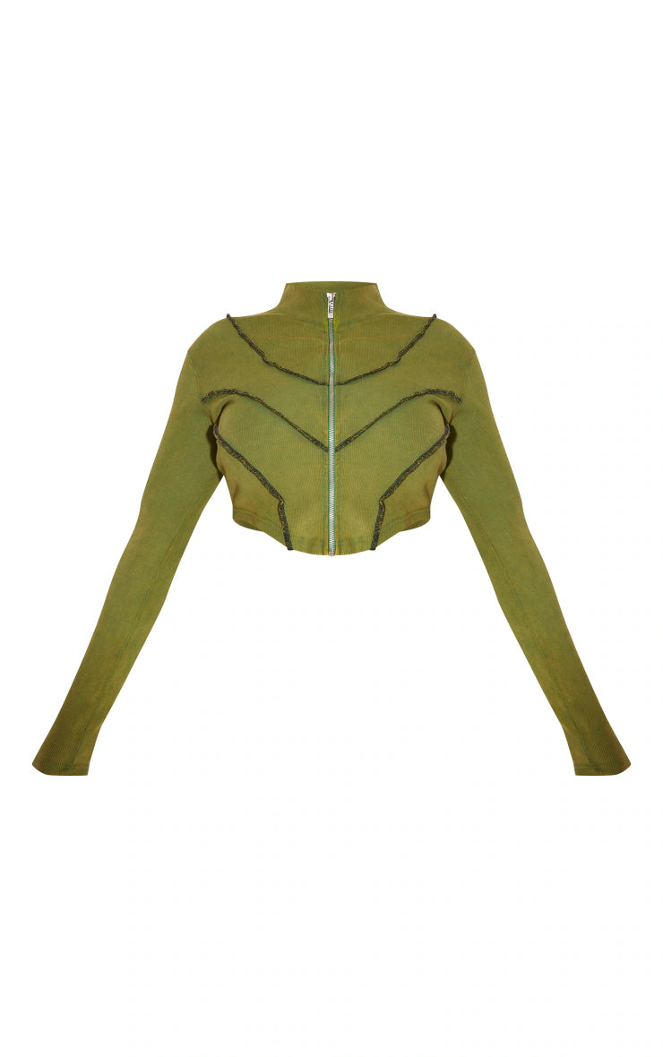 SHAPE KHAKI SOFT RIB SEAM DETAIL LONG SLEEVE CROPPED JACKET