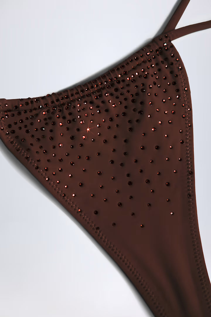 Ohpolly - Embellished Drawstring Thong Bikini Bottoms in Chocolate Brown
