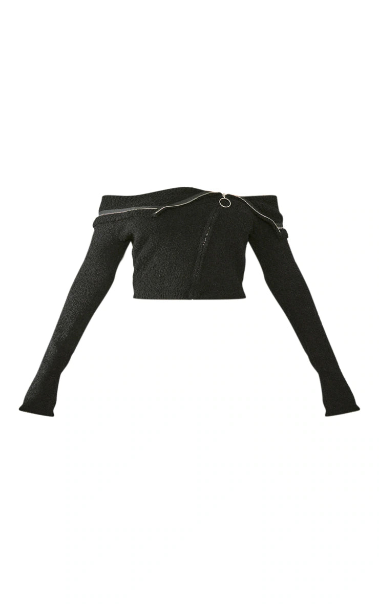 BLACK FLUFFY KNIT FOLD OVER ZIPPED CROP JACKET