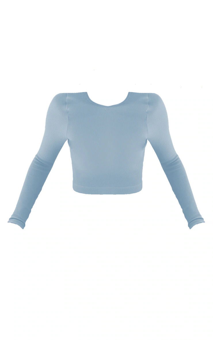 Dusky Blue Contour Rib Round Neck Long Sleeve Crop Top