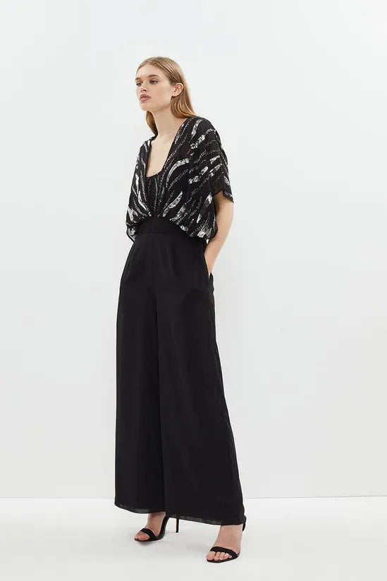 Overlay Sequin Wide Leg Jumpsuit