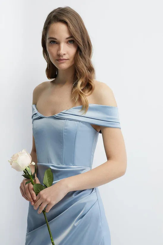 Structured Satin Bardot Wrap Bridesmaids Maxi Dress