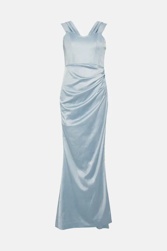 Structured Satin Bardot Wrap Bridesmaids Maxi Dress