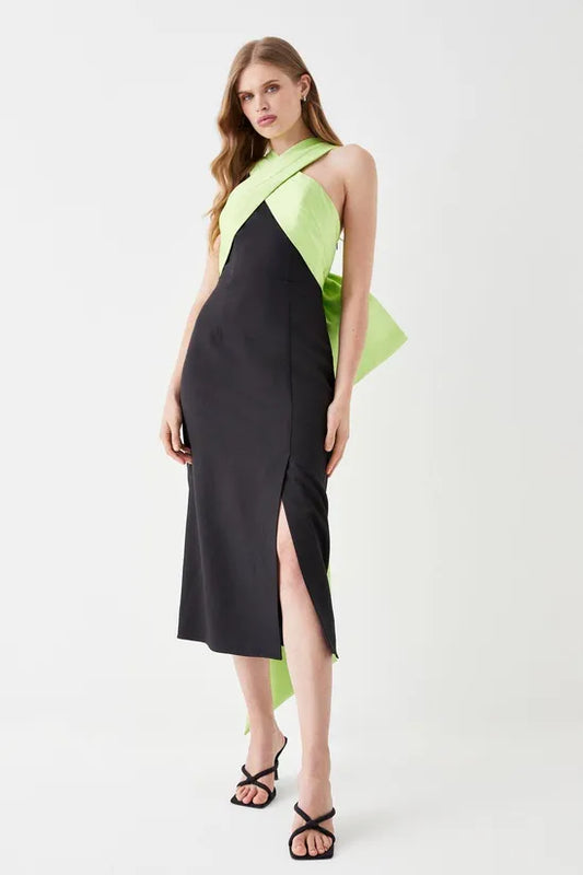 Cross Over Front Bow Back Midi Dress