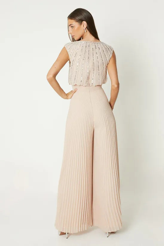 Embellished Bodice Pleat Jumpsuit