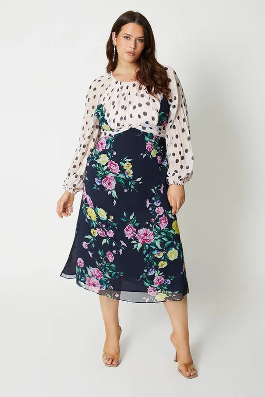 Plus Size Print Mix Pleated Sleeve Midi Dress