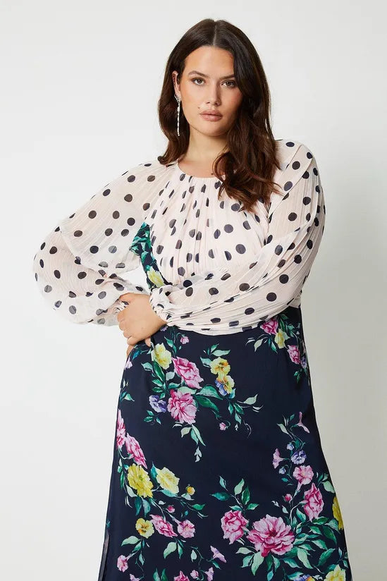 Plus Size Print Mix Pleated Sleeve Midi Dress