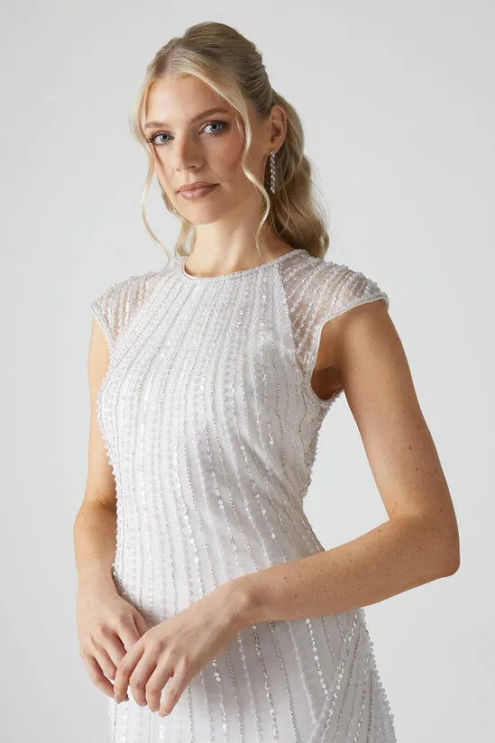 Embellished Cap Sleeve Linear Embellished Wedding Dress