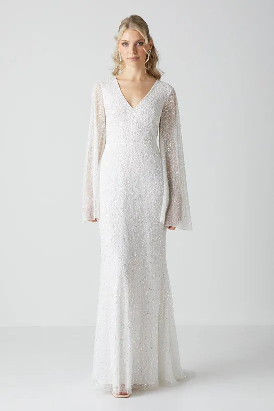 V Neck All Over Embellished Flare Sleeve Wedding Dress