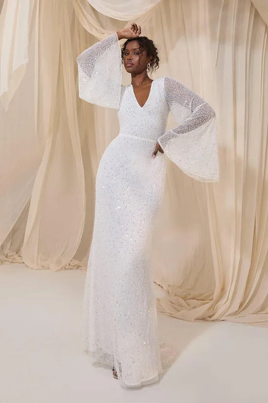 V Neck All Over Embellished Flare Sleeve Wedding Dress