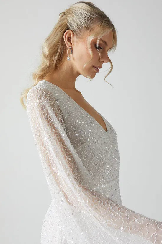 V Neck All Over Embellished Flare Sleeve Wedding Dress