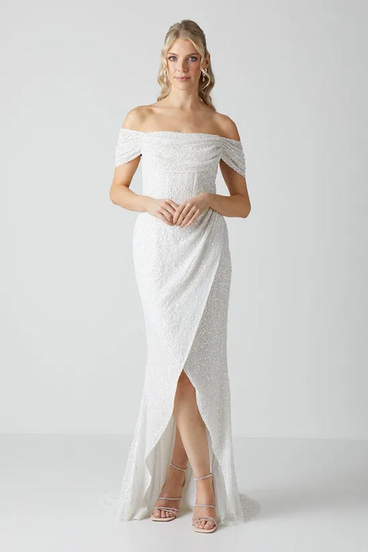 Sequin Bardot Wrap Skirt Wedding Dress