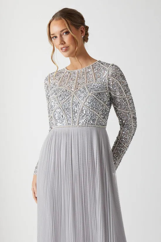 Pearl Embellished Long Sleeve Pleated Bridesmaids Maxi Dress