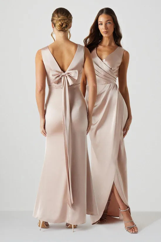 Coast Bow Back V Neck Satin Bridesmaid Dress