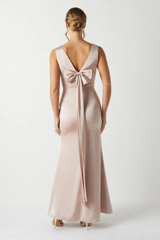 Coast Bow Back V Neck Satin Bridesmaid Dress