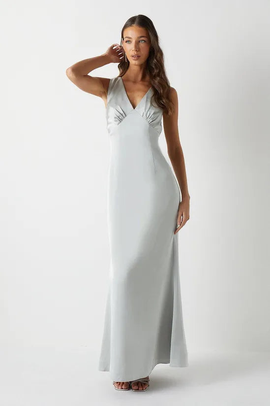 Bow Back V Neck Satin Bridesmaids Dress