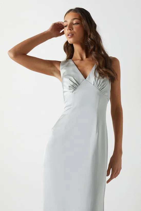 Bow Back V Neck Satin Bridesmaids Dress