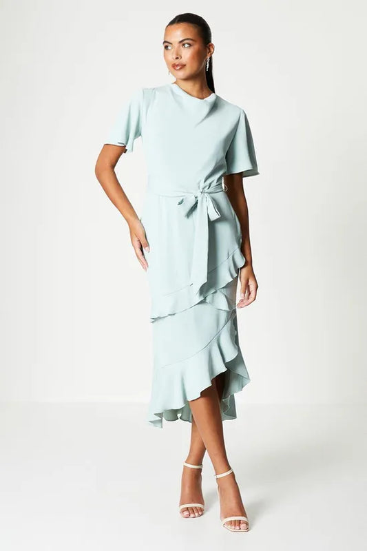 Ruffle Skirt Drape Neck Midi Dress